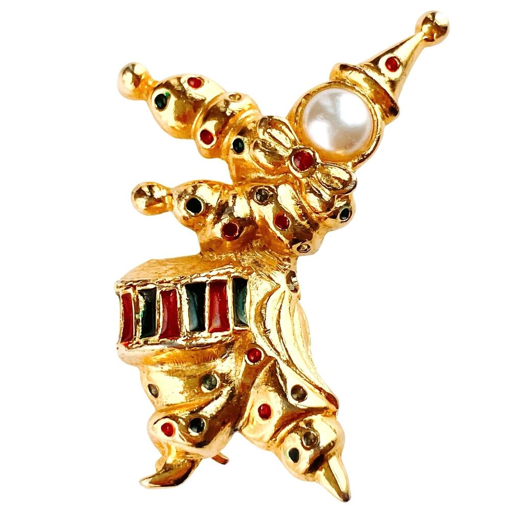 Vintage Drummer Clown Jester Brooch Enamel Figural 1960s-1970s Gold Tone Pin